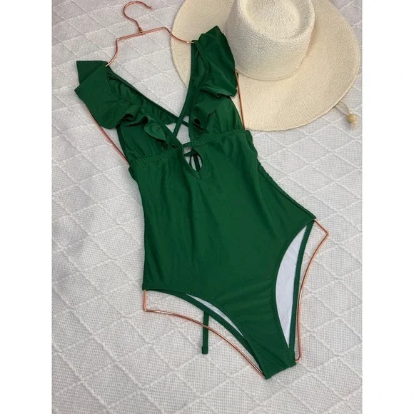 Cupshe Ruffle One Piece Swimsuit Plunge Criss Cross Back Bathing Suit size XS - Picture 6 of 9